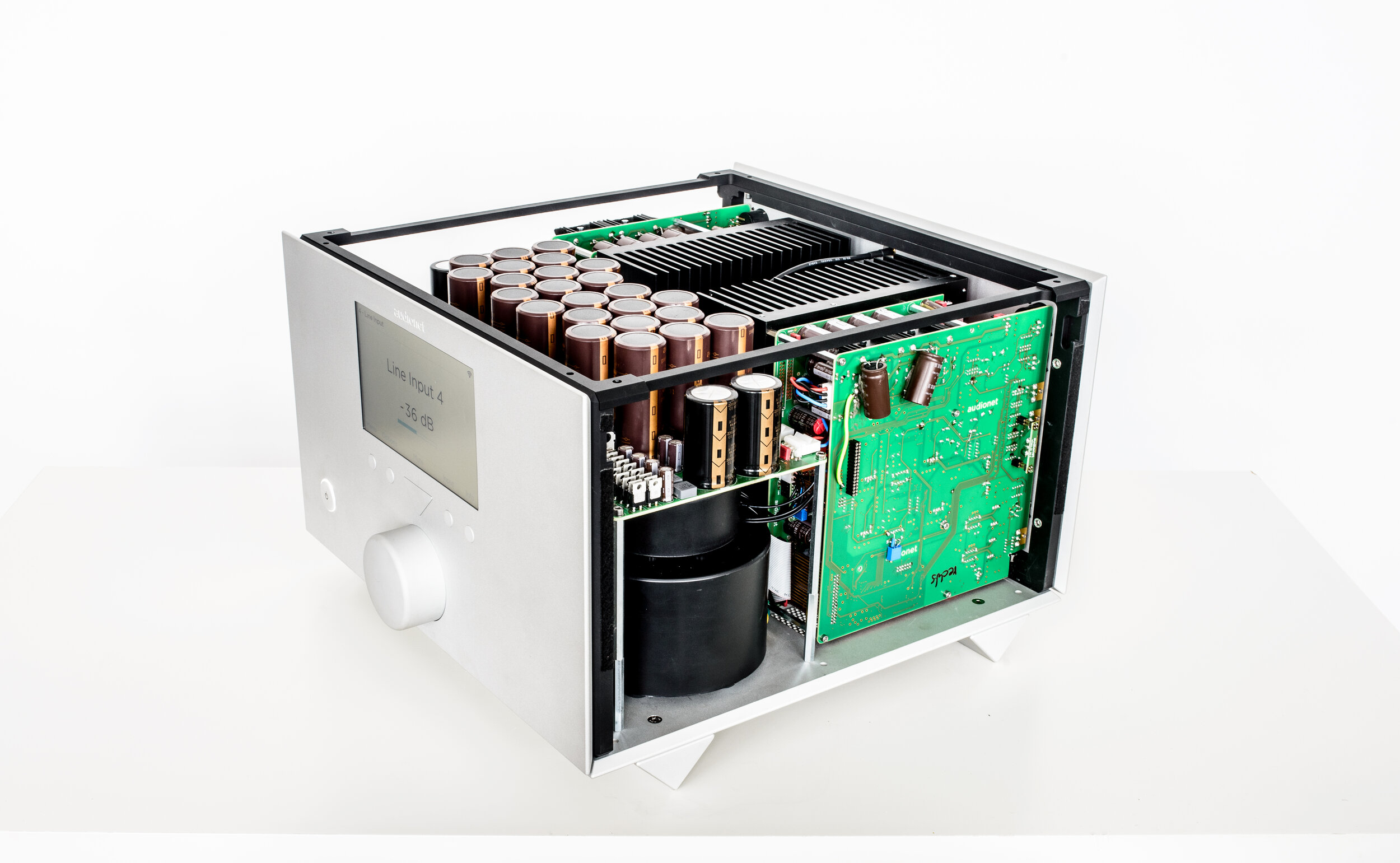 Silver AUDIONET HUMBOLDT integrated amplifier with internal componentry showing