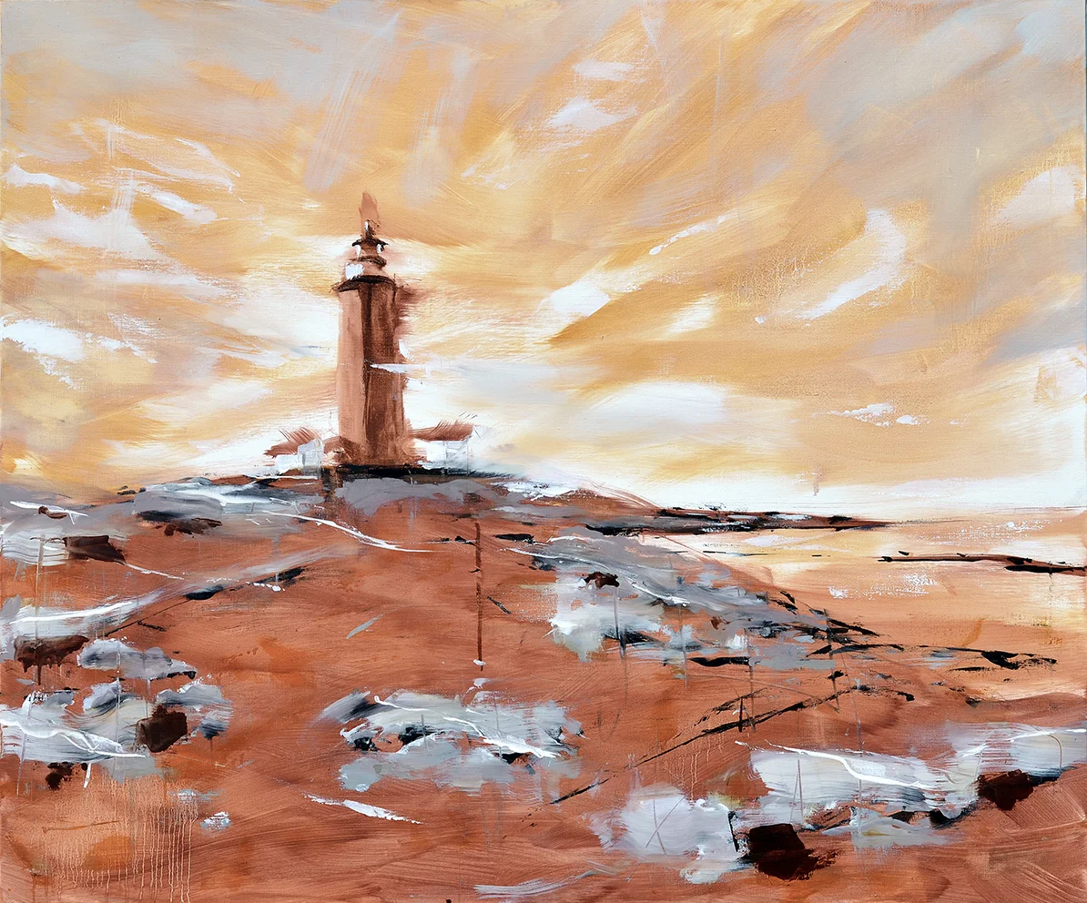 Tittel: Solgangsbris. Teknikk: olje på lerret 100 x 120 cm