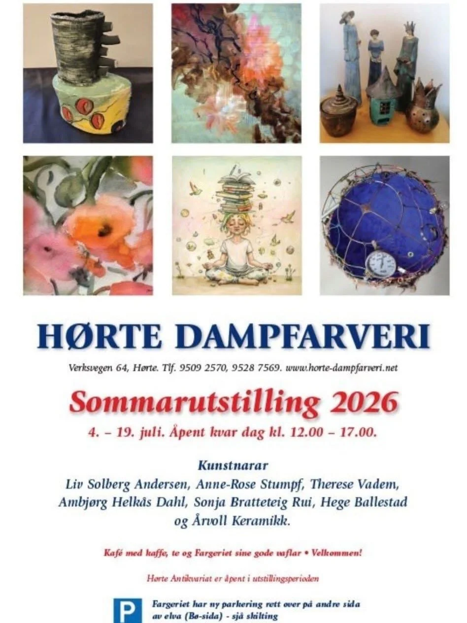 En varm og fin dag &aring; henge opp bilder p&aring; H&oslash;rte Dampfarveri hvor det er &aring;pning til l&oslash;rdag: 4. Juli kl. 12.00. Jeg hadde med meg 15 bilder: malerier og gicl&eacute;e som fikk plass i den gr&oslash;nne stua oppe (og noen 