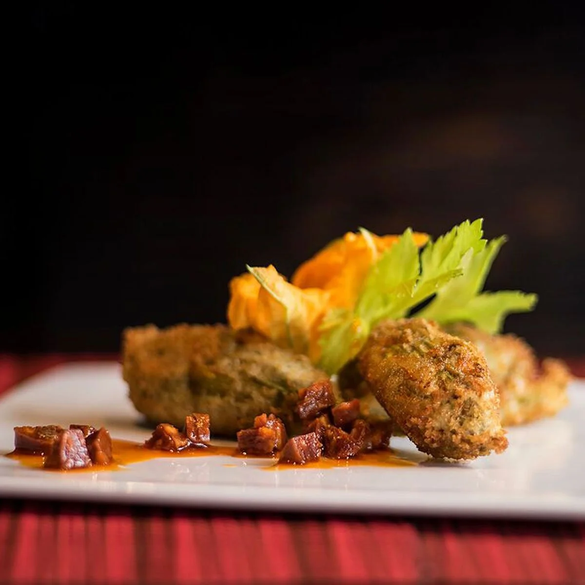 Stuffed Squash Blossoms with Goat Cheese and Chorizo Vinaigrette