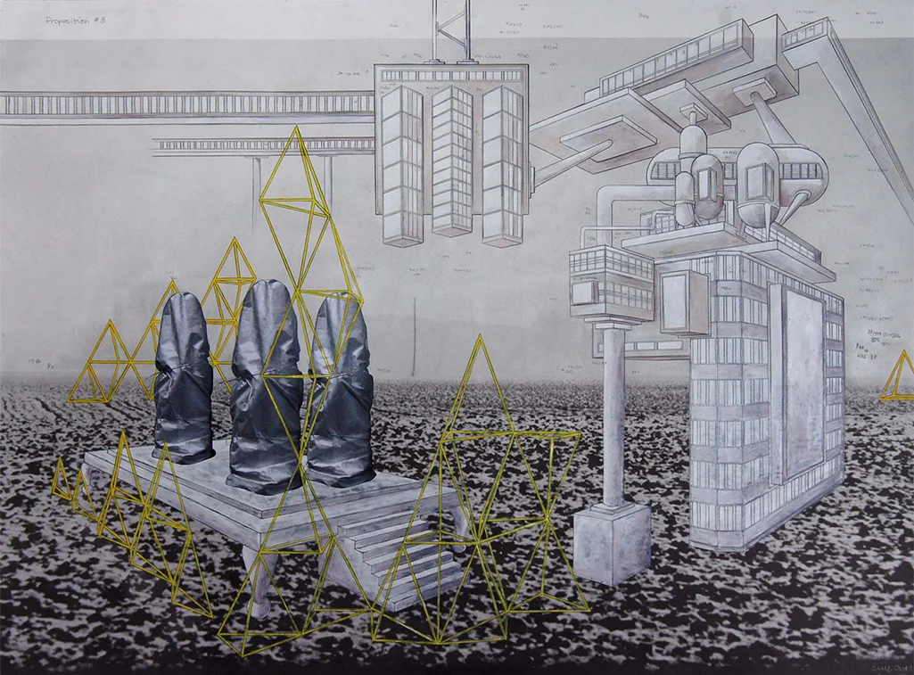 Proposition #4'. 2014. Pencil, ink and gouache on lithograph