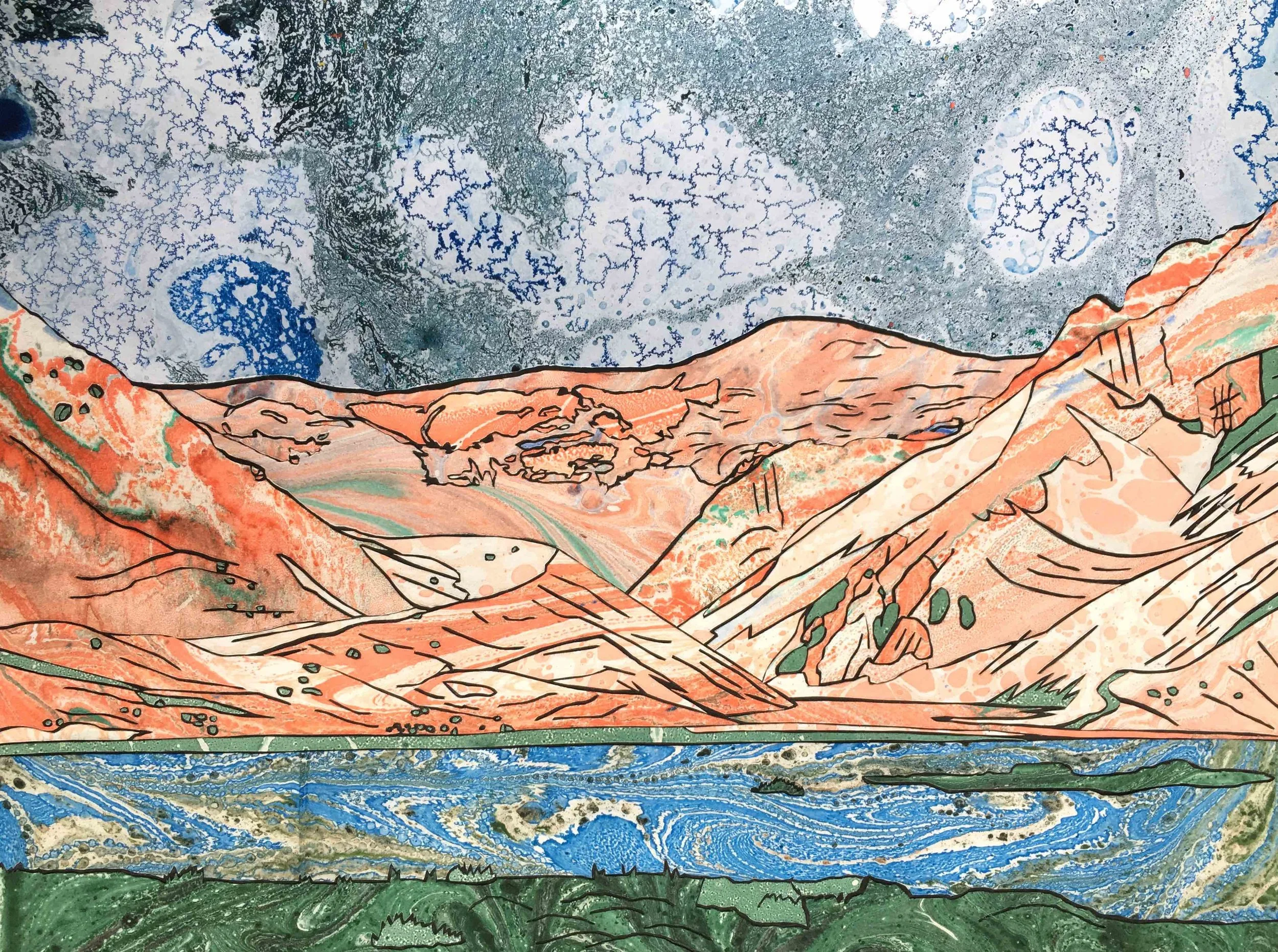 Hillside 3, Hand-cut hand--marbled paper, black ink, mounted on white cartridge paper, 388 x 292 mm