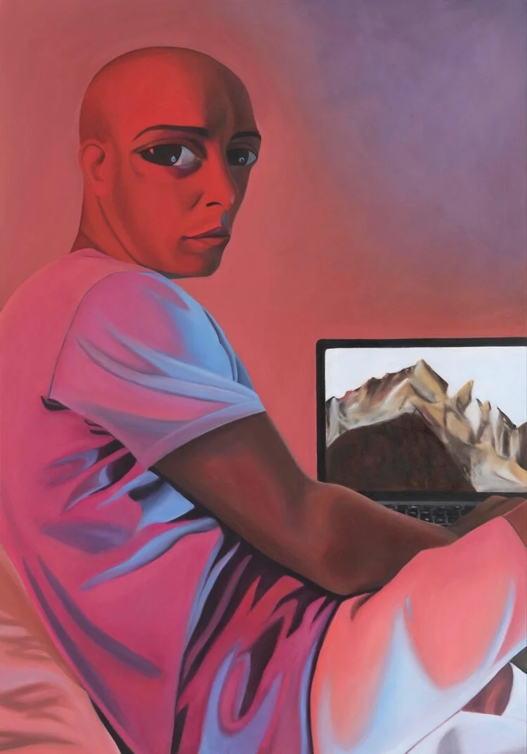 Man with Laptop, oil on aluminium 58 x 84 cm