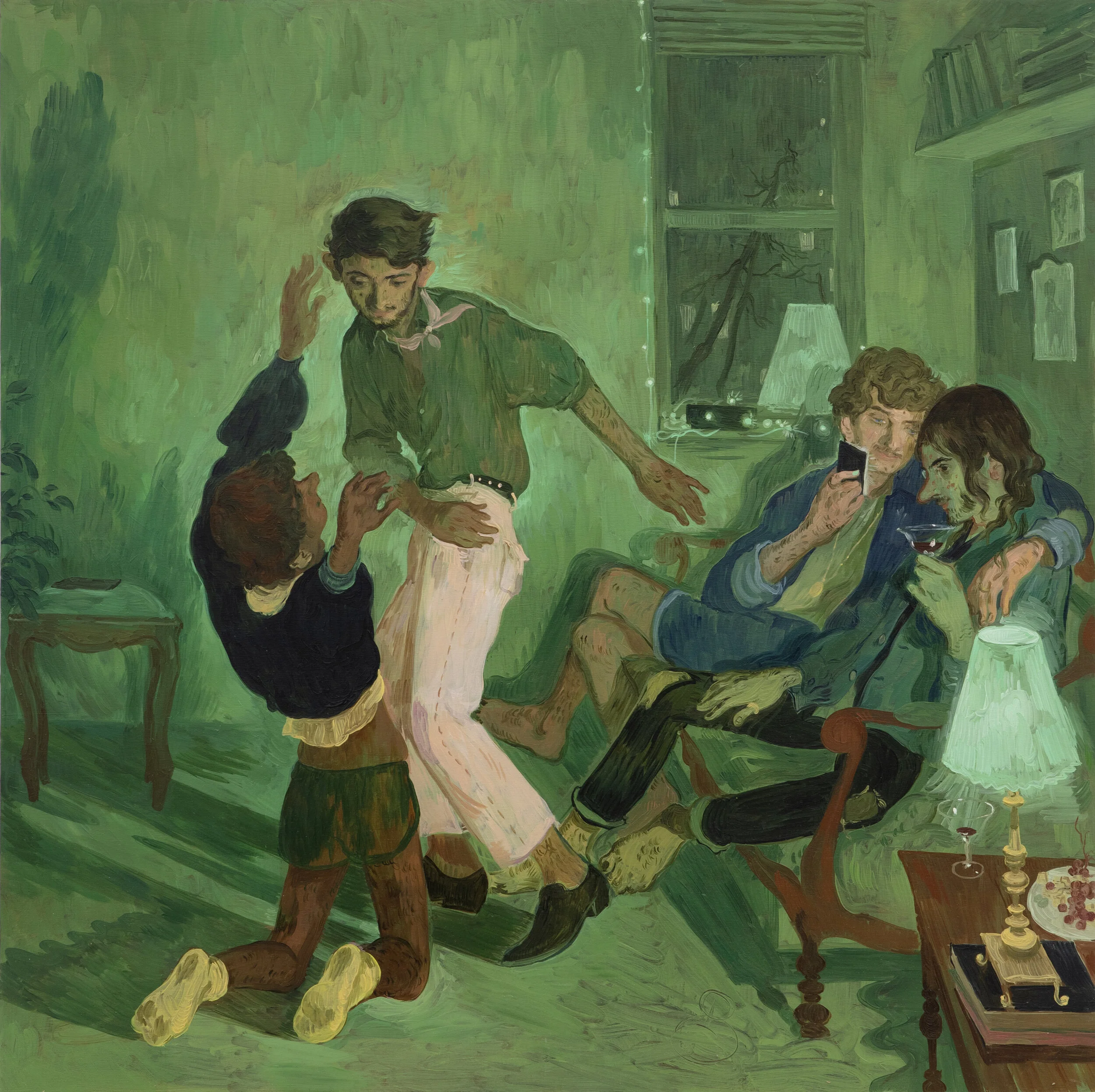 Four Friends, 2019, Salman Toor, Oil on plywood 2019  © Salman Toor; Courtesy of the artist and Luhring Augustine, New York.