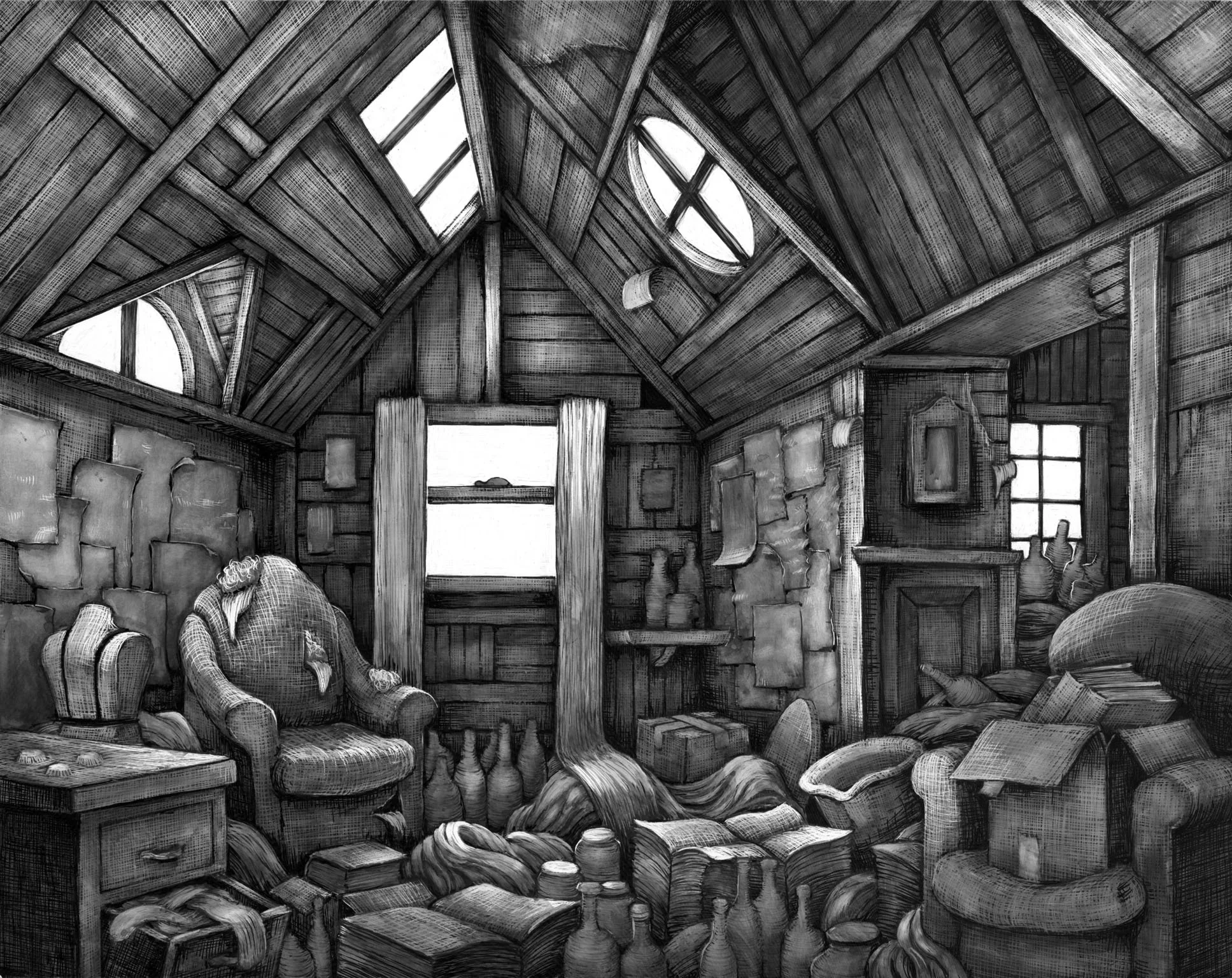 Illustration from Ghosts and Ruins . Uniball ink on Claybord.