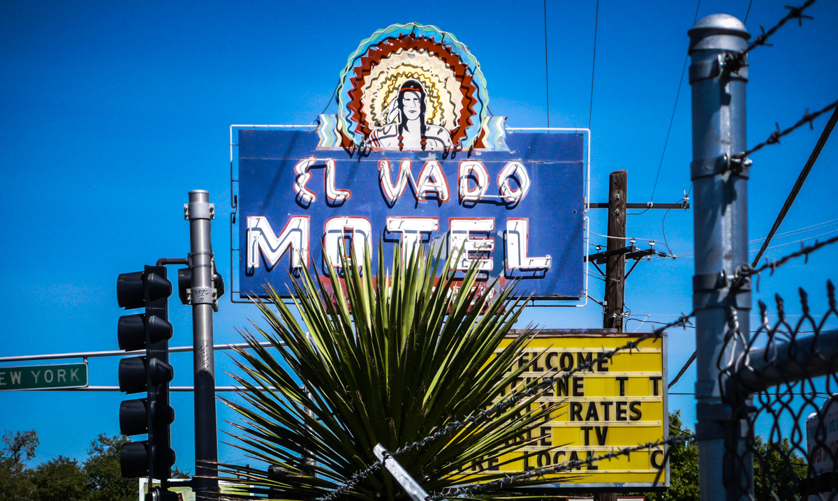 The El Vado Motel was a motor court style motel at the Western end of Albuquerque’s Central Avenue. An old motor court in the southwest style, it is now boarded up and surrounded by barbed wire.