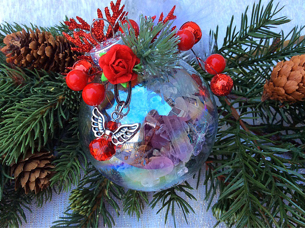 Earth Wish Angels Holiday Wish Ornament with Birthstone Angel filled with crystal points, rose quartz, tourmaline, and smokey quartz