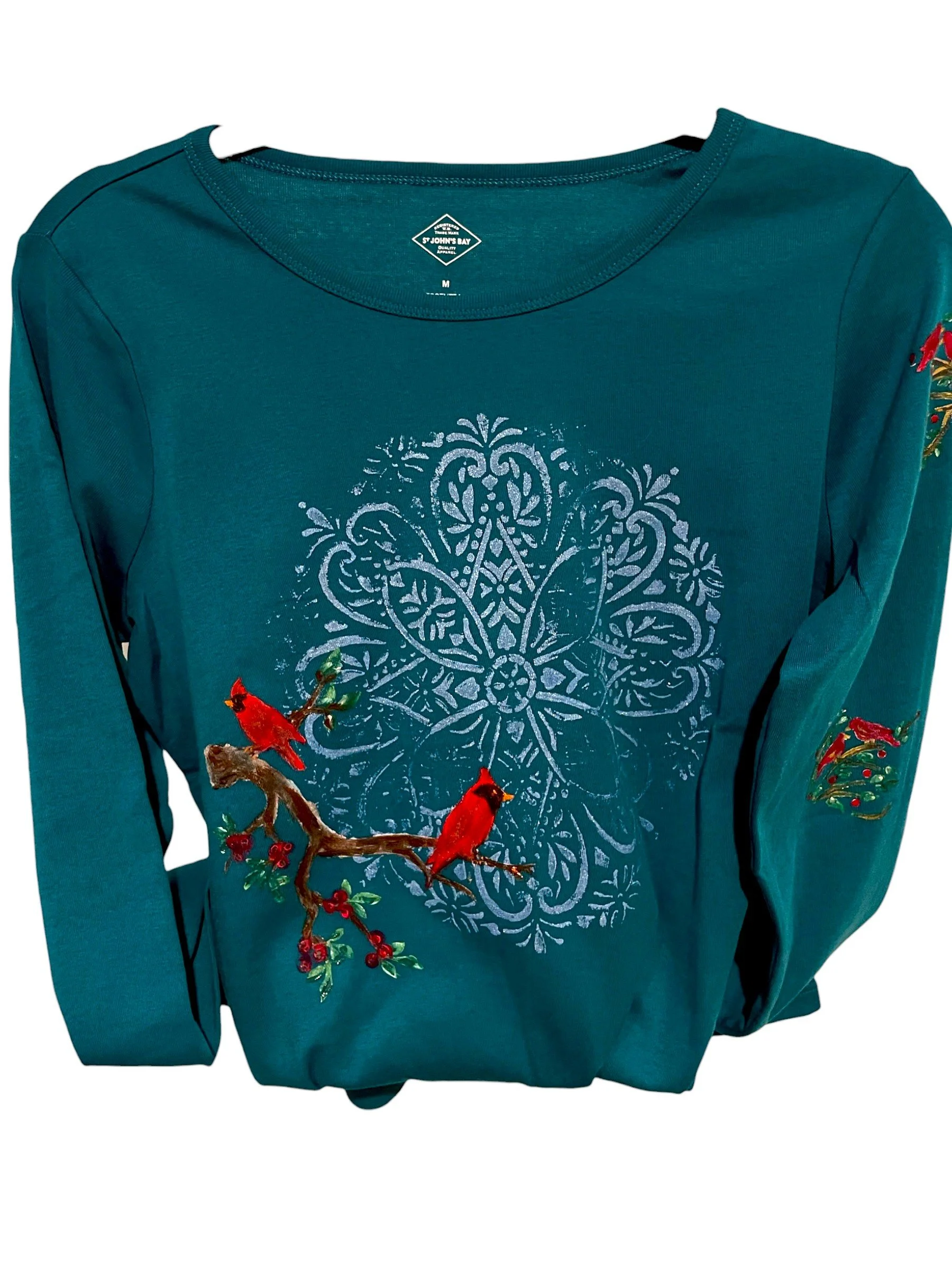 Hand-Painted Teal Mandala Bird Long Sleeve T- Shirt/ Nature-Inspired Wearable Art