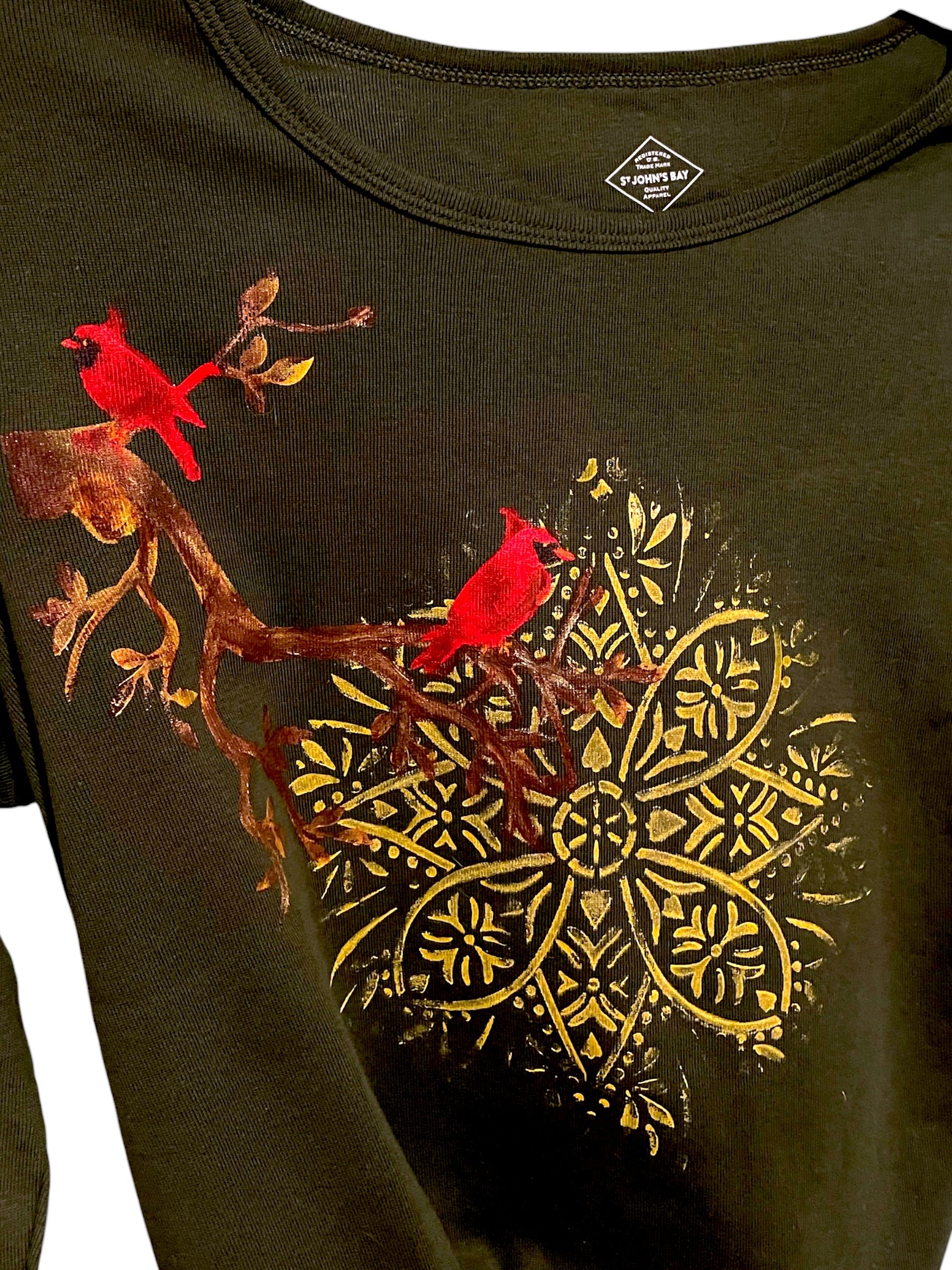 Olive Long Sleeve Hand Painted Cardinal T-Shirt