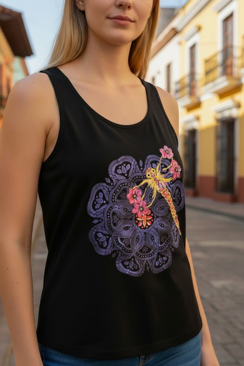 Hand-Painted Black Tank Top-Dragonfly & Batik Mandala