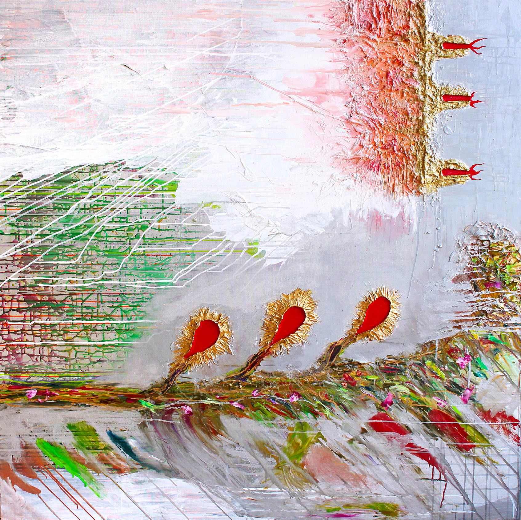 1 August, oil, acrylic, metallic paint and plaster on canvas, 60 in x 60 in, 2011.