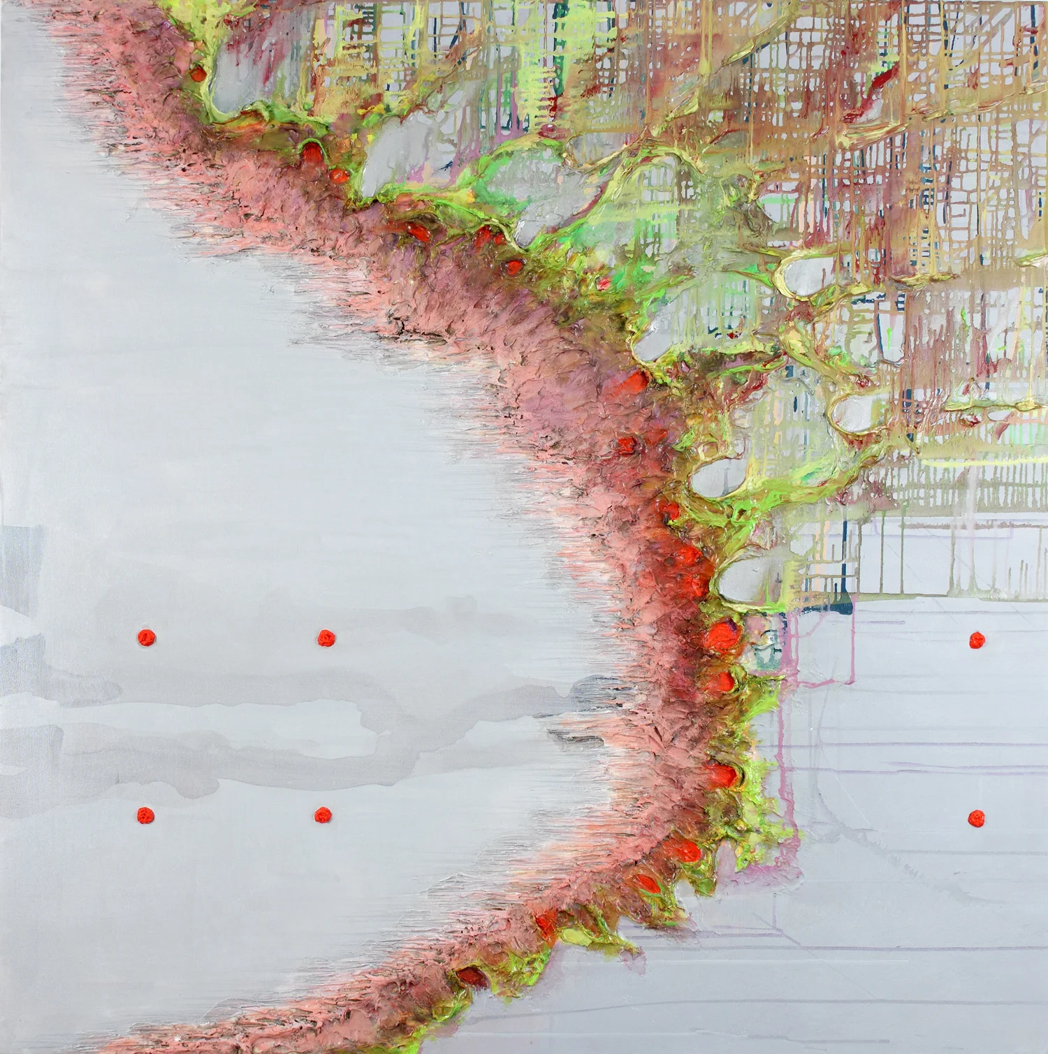 10 May , oil, acrylic, metallic paint and sand on canvas, 48 in x 48 in, 2009. 
