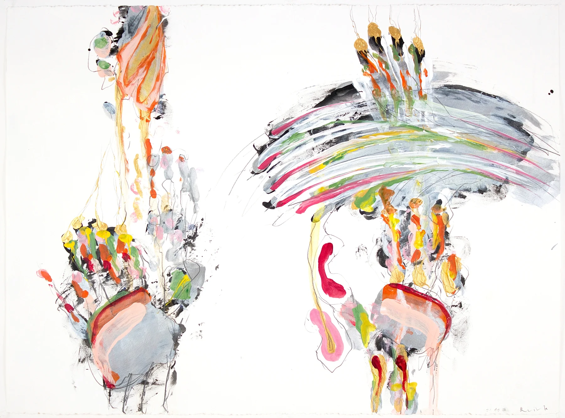 Untitled, acrylic, metallic paint and pencil on paper, 22 in x 30 in, 2013.