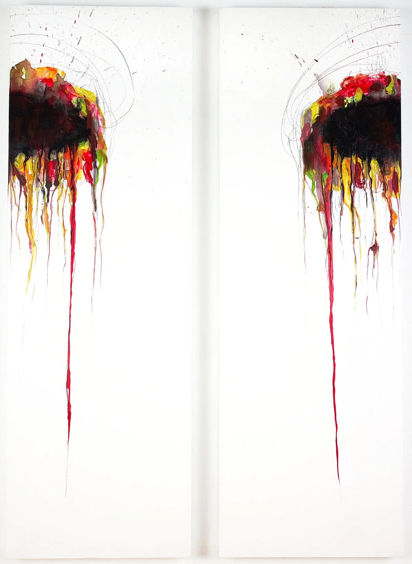 Late, late , acrylic and pencil on canvas, diptych, appx. 36 in x 25 in overall, 2014.