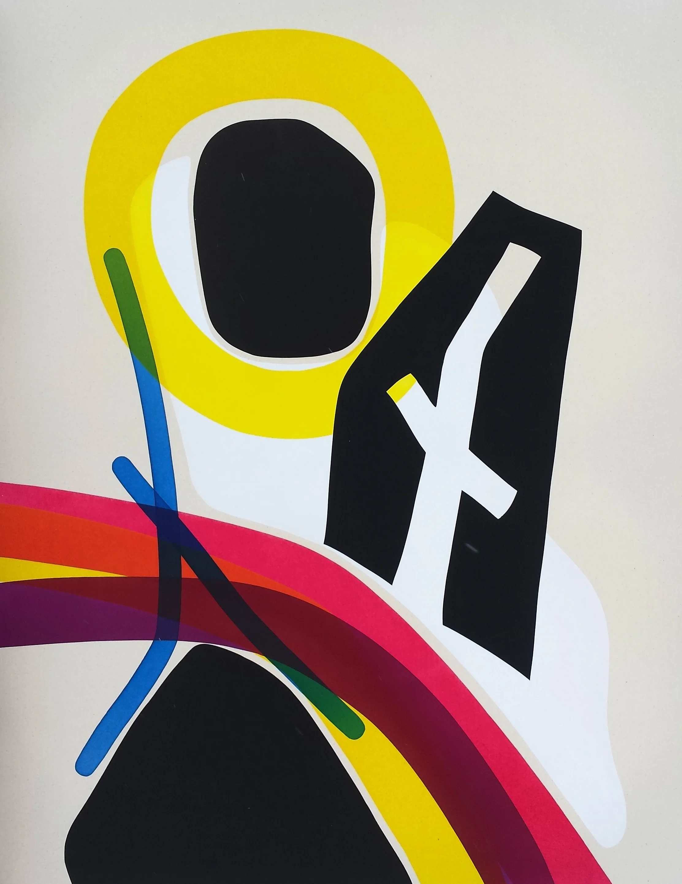 white figure with black cross like cutout