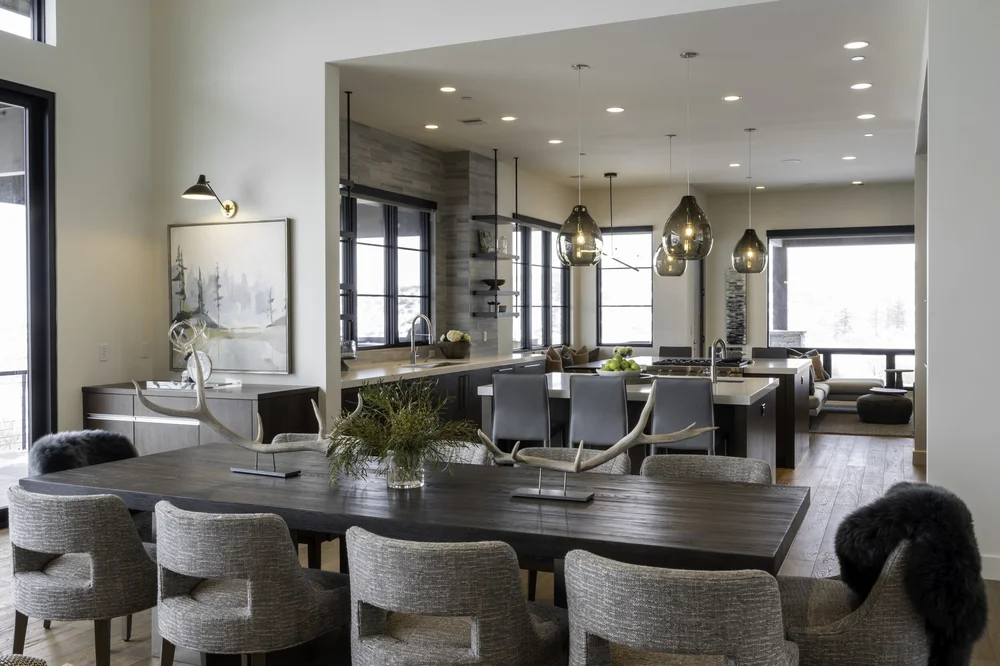 Dining table with open plan living beyond