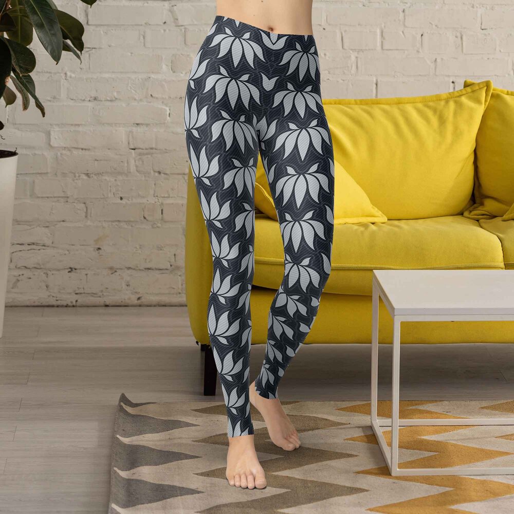 Grey and black Lotus Flower Sleek Yoga Leggings — One Little Printshop