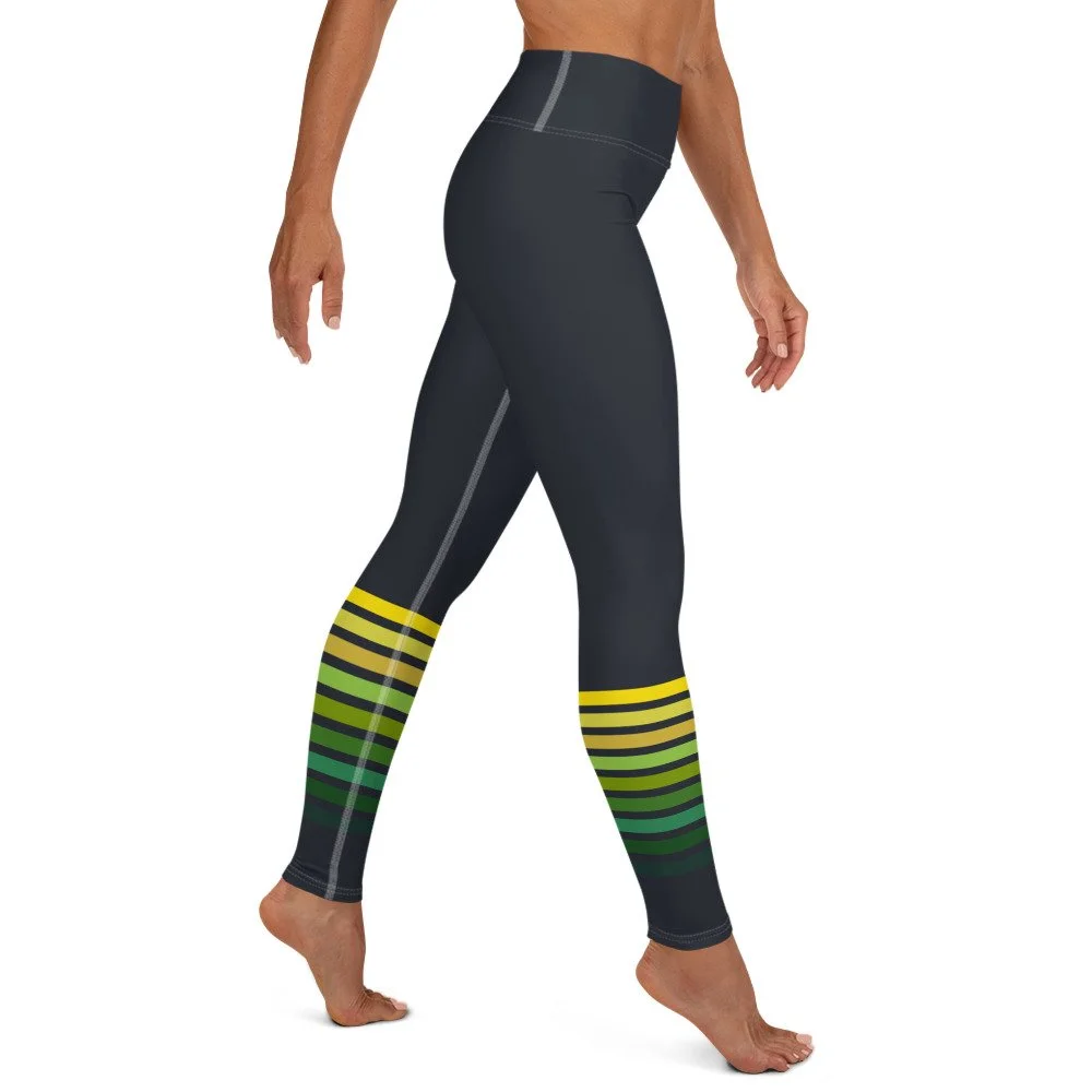 Retro Striped Avocado Sungold Yellow Yoga Leggings One Little Printshop