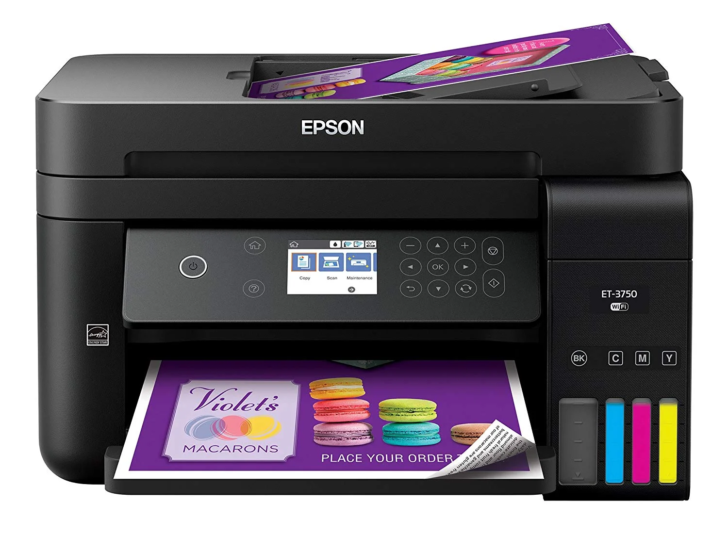 Epson Workforce ET-3750 EcoTank Printer. Prints in Black AND Color, Copies, Scans and DOES NOT Fax. This is a ‘loose ink’ printer, where you fill the tanks. Lasts forever. Does everything the other printers here do, but with next to nothing for the cost of the ink. Definitely smaller than the others as well. This is a great printer for offices, or homes that print regularly/daily. Costs around $350