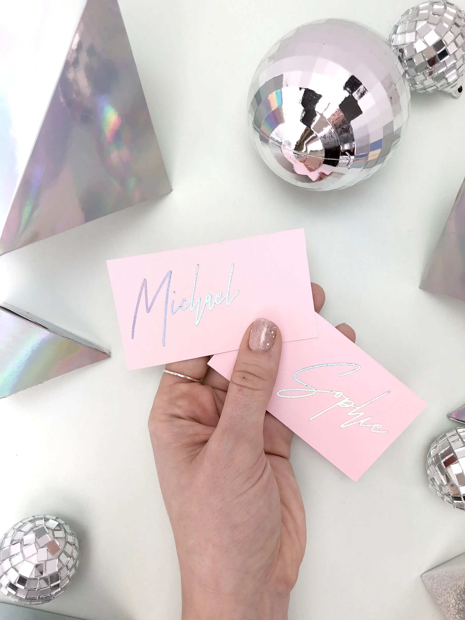 iridescent wedding place cards