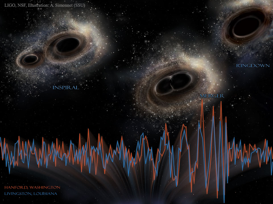 Gravitational wave signal detected by LIGO. Image credit: LIGO , NSF , Aurore Simonnet ( Sonoma State U. )