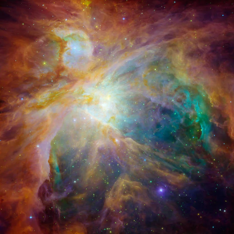 HOT, YOUNG STARS HEAT UP THEIR GASEOUS SURROUNDINGS IN THE ORION NEBULA. IMAGE CREDIT: NASA