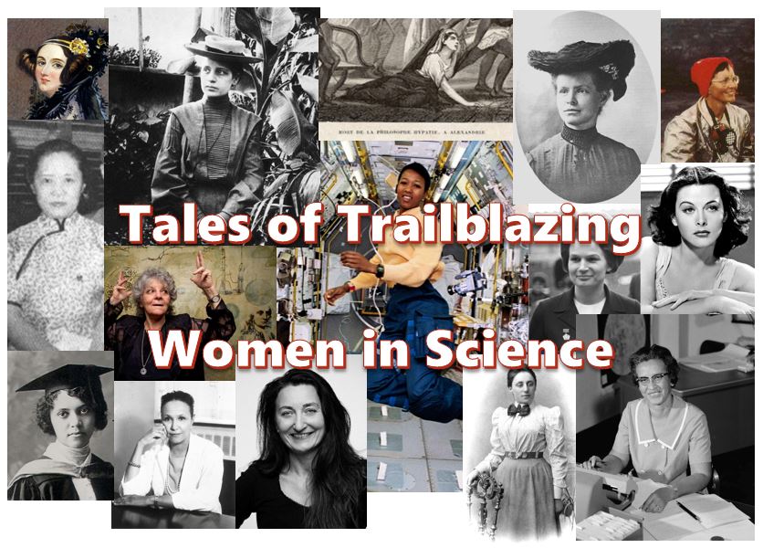 Graphic by Stephanie DeMarco. Top row (R-L): Ada Lovelace, Lise Meitner, Hypatia of Alexandria, Nettie Stevens, and Katia Krafft. Middle row (R-L): Chien-Shiung Wu, Ada Yonath, Mae Jemison, Valentina Tereshkova, and Hedy Lamarr. Bottom row (R-L): Alice Ball, Jane Cooke Wright, May-Britt Moser, Emmy Noether, and Katherine Johnson. All photos are in the public domain with the exception of those of Valentina Tereshkova , May-Britt Moser, and Ada Yonath which are licensed under the Creative Commons License.