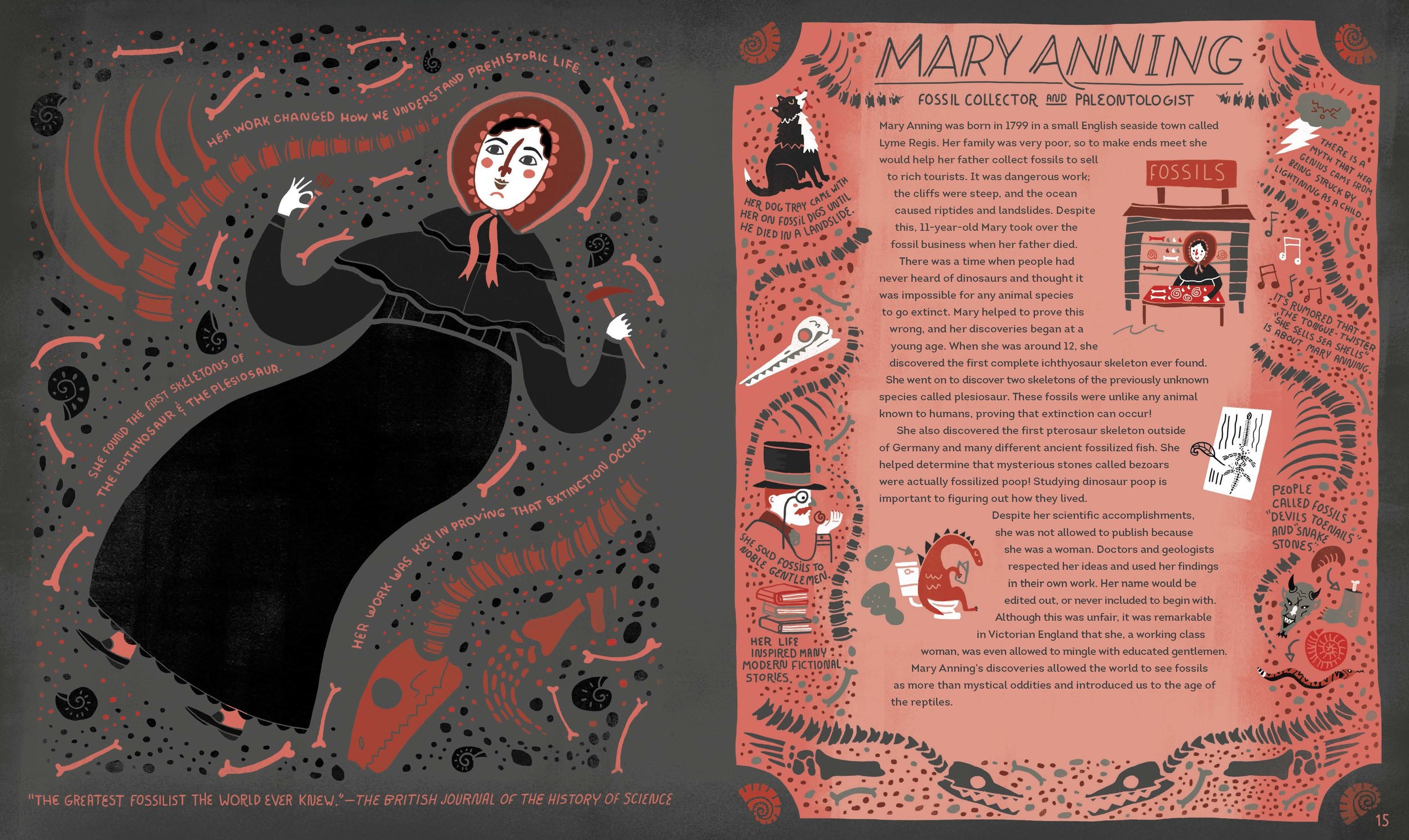 Mary Anning searches for dinosaur fossils. Reprinted with permission from Women in Science Copyright © 2016 by Rachel Ignotofsky. Published by Ten Speed Press, an imprint of Penguin Random House LLC.