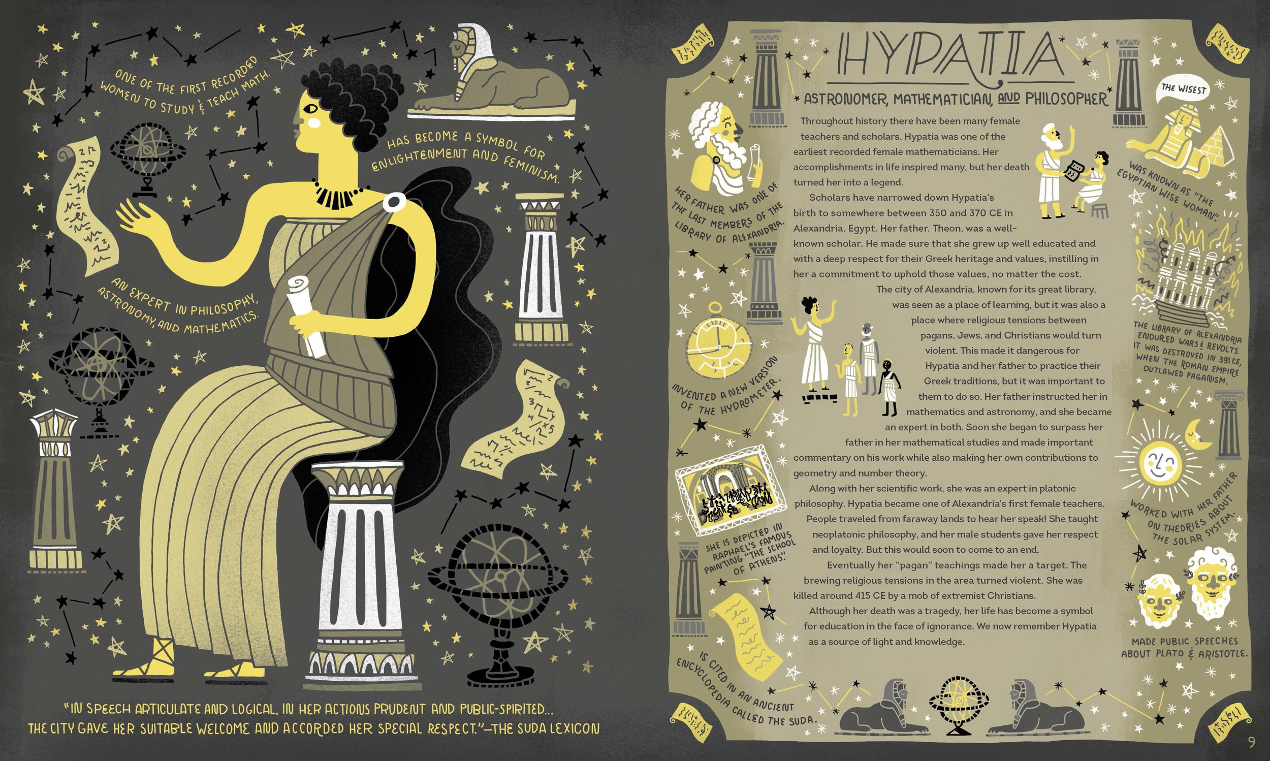 Hypatia studies the stars above ancient Alexandria. Reprinted with permission from Women in Science Copyright © 2016 by Rachel Ignotofsky. Published by Ten Speed Press, an imprint of Penguin Random House LLC.