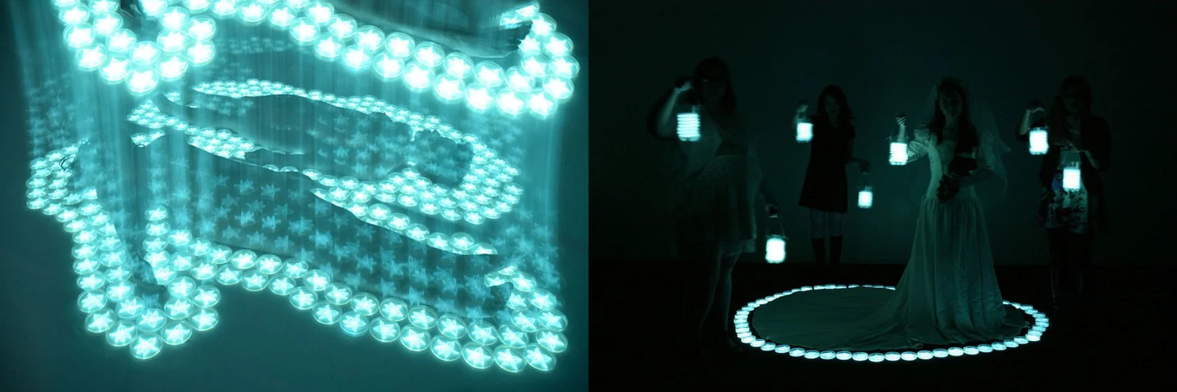 (Left) “Ascension of the Souls” part of the Bioluminescent Nudes collection. (Right) “Bridal Party” part of the Bioluminescent Wedding collection. Photographs by Hunter Cole, reprinted with permission.