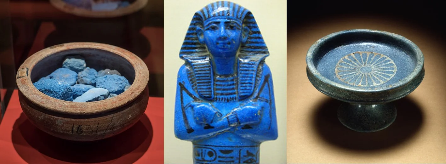 The ancient Egyptians developed the first synthetic pigment, Egyptian Blue, seen here as a pigment (left), in a figurine (center), and in pottery (right). Image credits: Dan Diffendale licensed under CC BY-NC-SA 2.0 (left), abrinsky licensed under CC BY-NC-SA 2.0 (center), and Walters Art Museum licensed under CC BY-SA 3.0 (right).