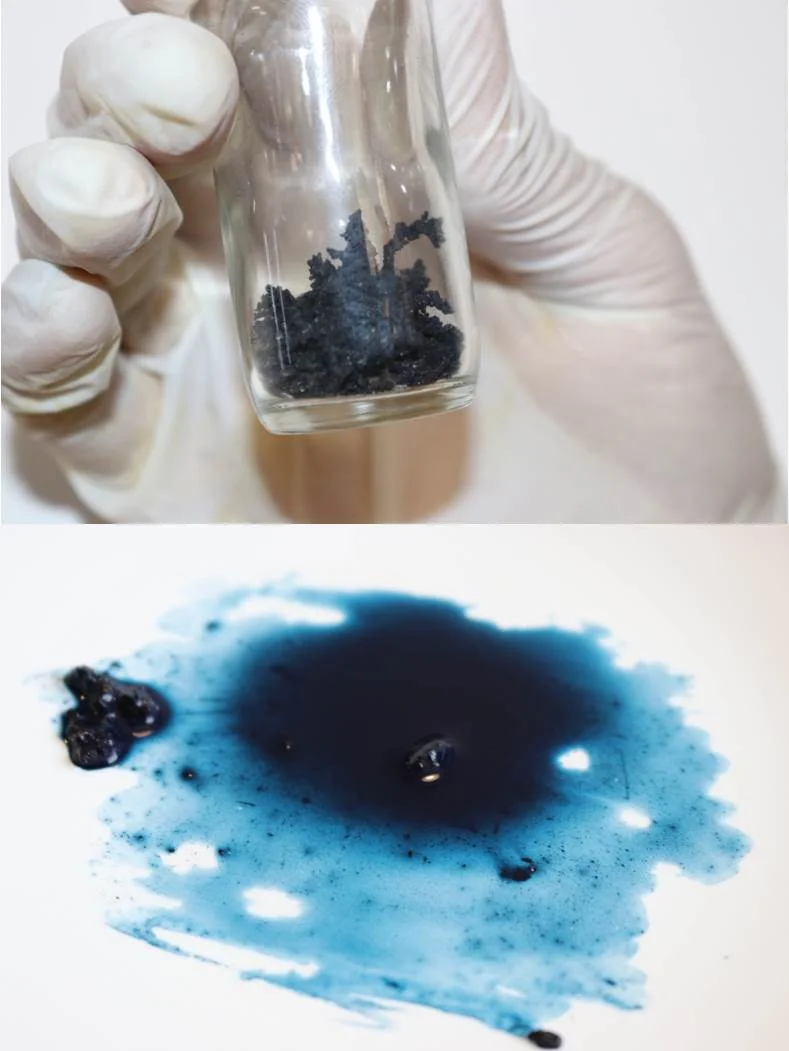 Stuart Semple recently created a brand new blue pigment, shown here as the pigment particles (upper) and mixed with water on a surface (lower). Image credit: Stuart Semple reprinted with permission.