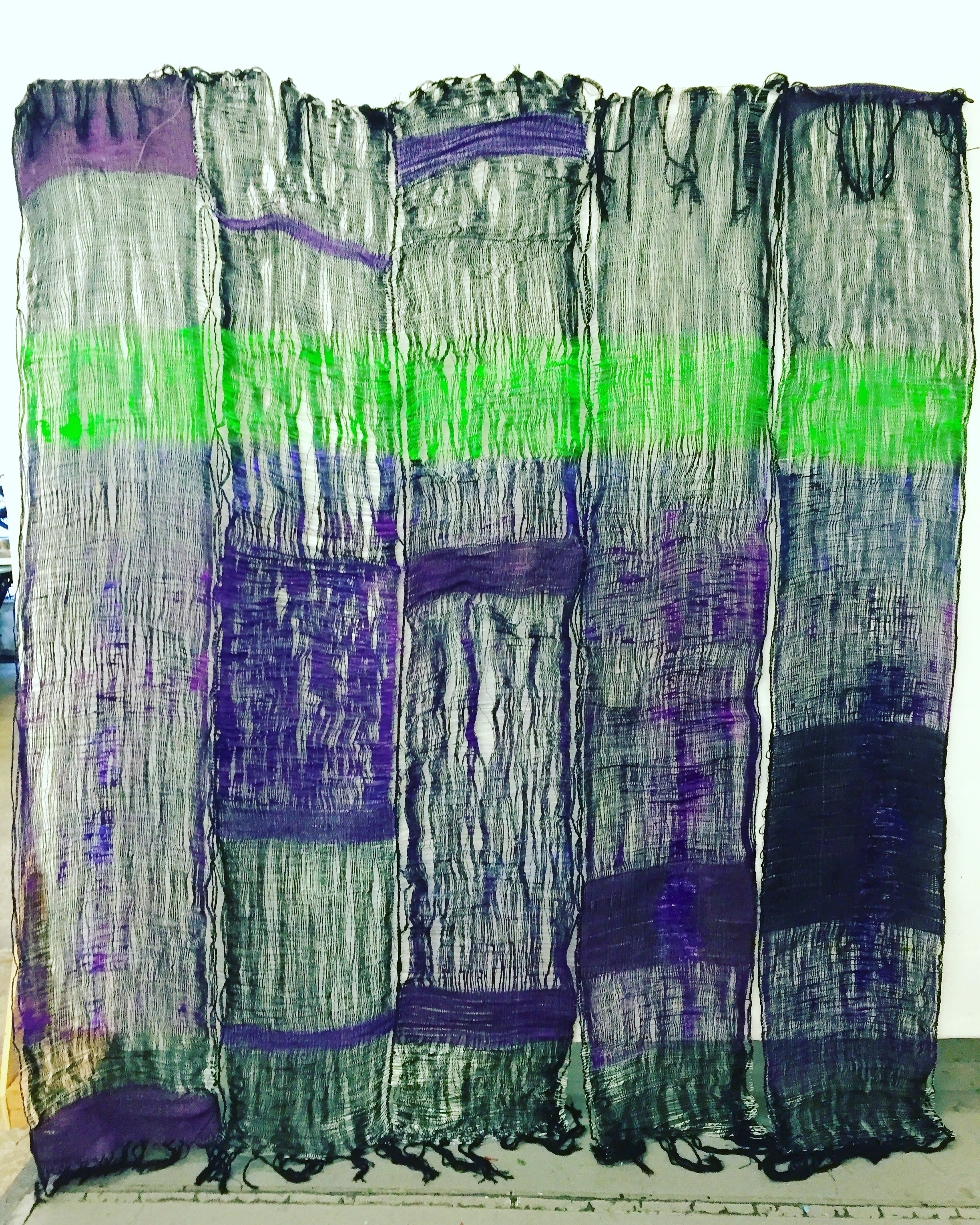 Woven galvanized steel wire, acrylic paint, hemp and cotton