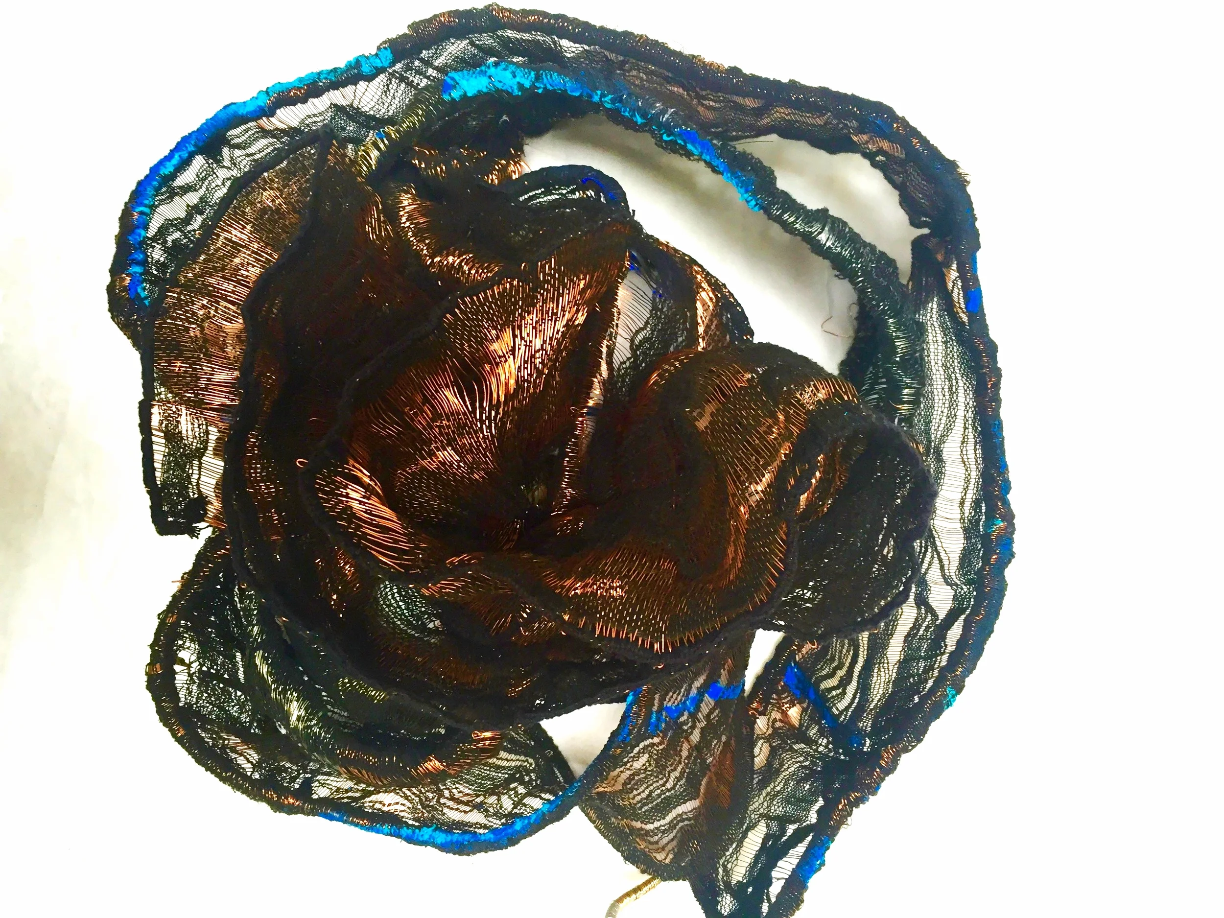 Woven steel, brass, copper, acrylic paint, tubing and cotton