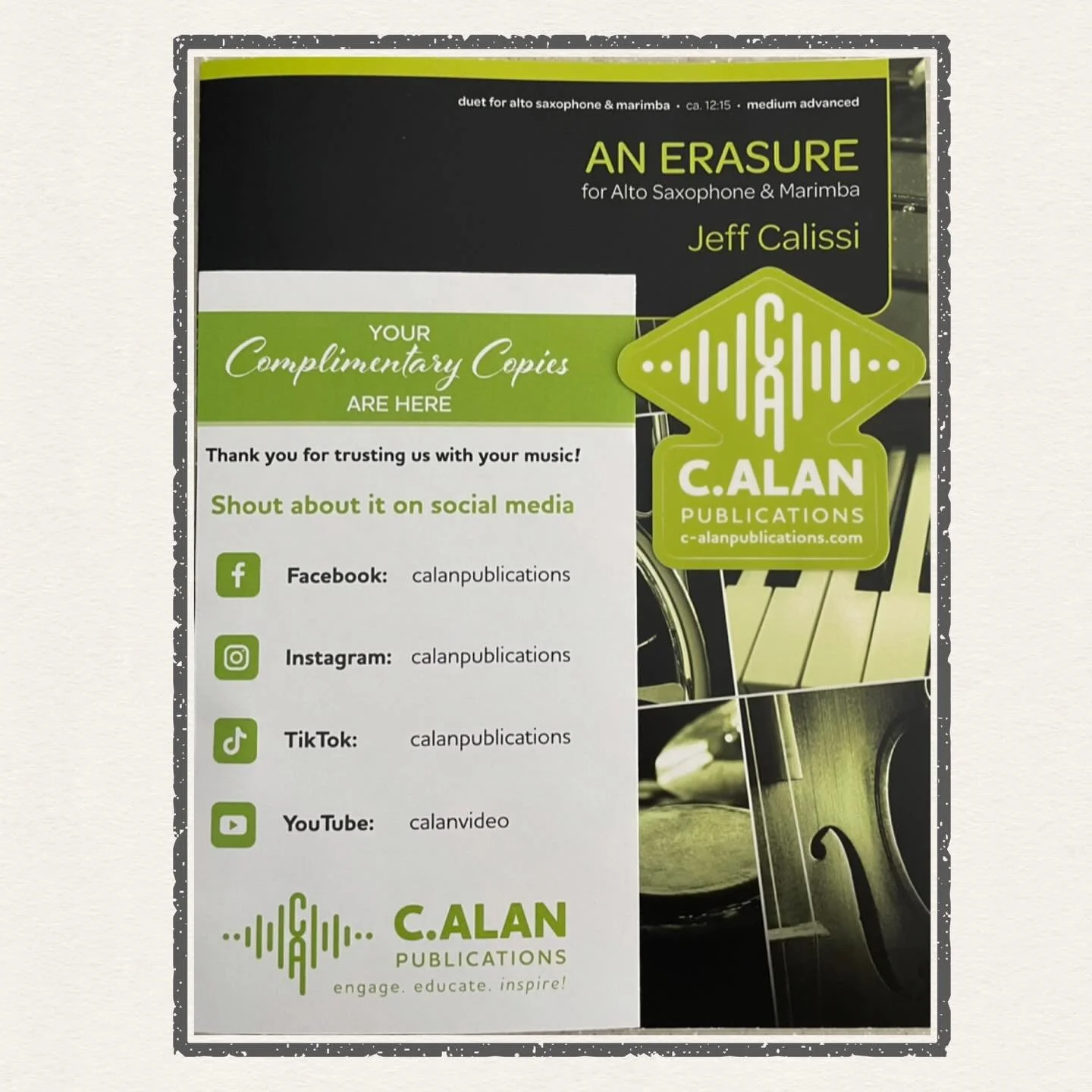 Every now and then something nice comes in the mail 🎵 Many thanks to Nathan &amp; the team at C. Alan Publications 🙏 Check out @calanpublications for video, audio, sample score + digital or physical copy.

#marimba #altosax #chambermusic #composer 