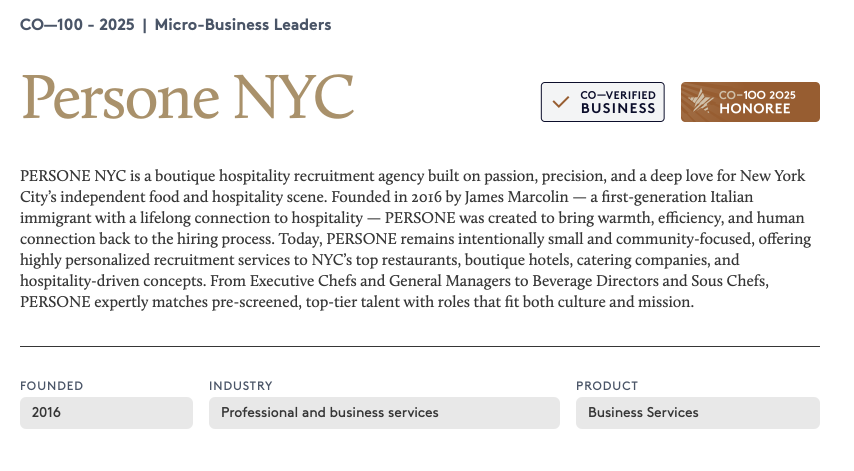 A professional profile page for Persone NYC, a hospitality recruitment agency, detailing its history, mission, and awards, with badges for co-verified business and 2025 honoree.