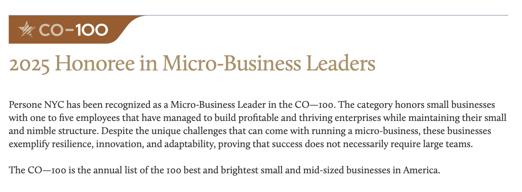 Text from a webpage announcing 2025 honorees in micro-business leaders, recognizing small business leaders in NYC for resilience and innovation.