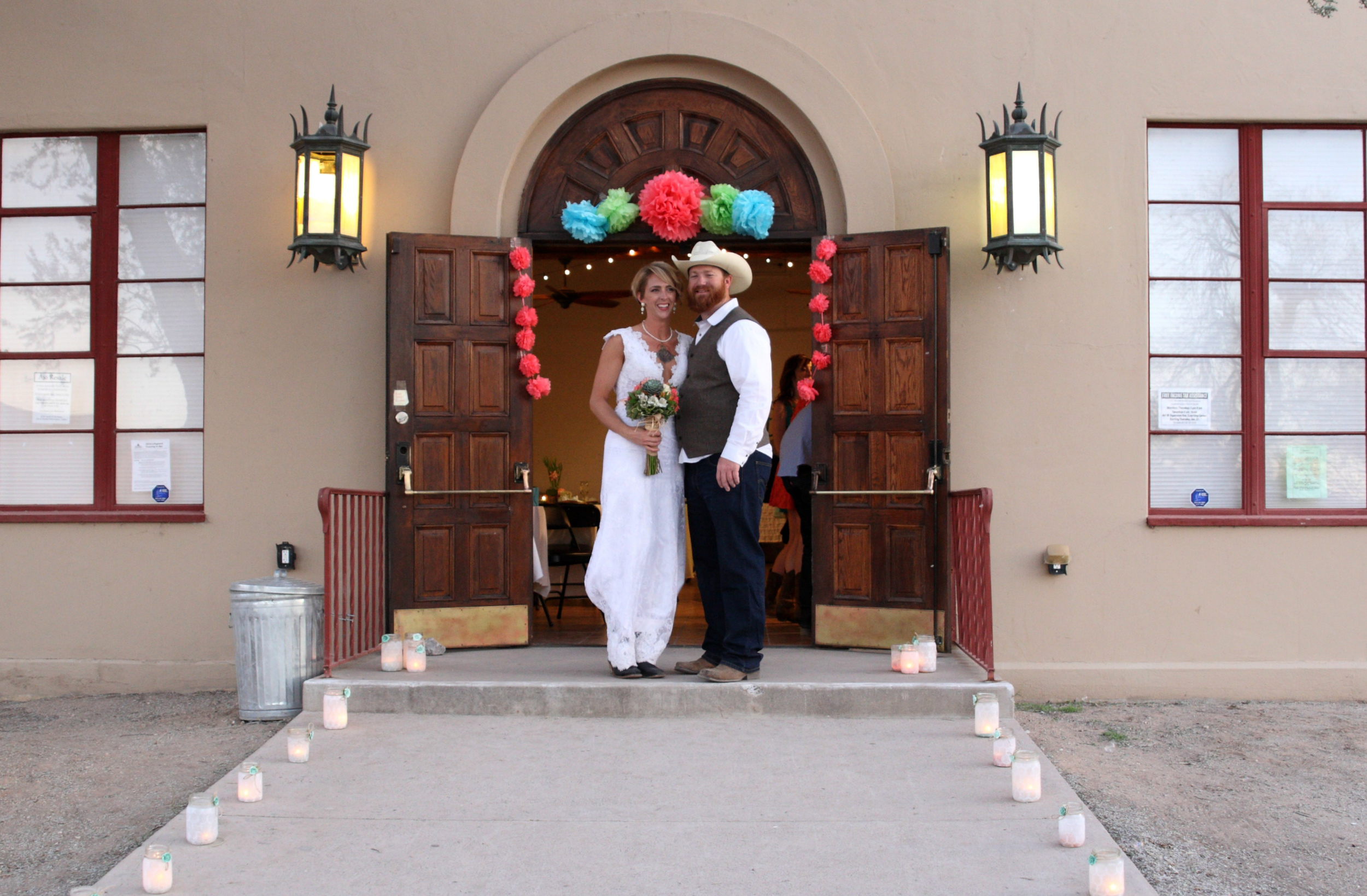 Lacey and Matt had their reception for 50 people in the Learning Center, the school's former cafeteria. Tile floor, wooden beams, seats 75 with space for a dance floor.
