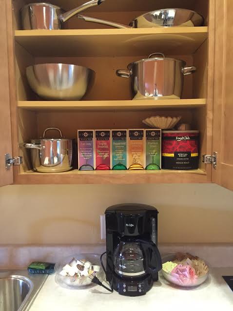 The bunkhouse kitchen is stocked with everything you need for a morning cup of coffee or team, and pots, pans, dishes, and utensils for cooking.