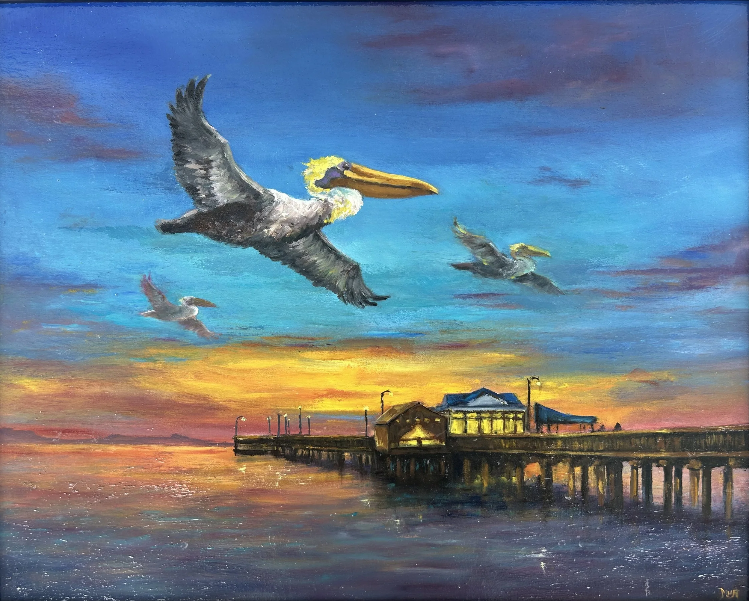 Pelicans at Fairhope Pier (commission)