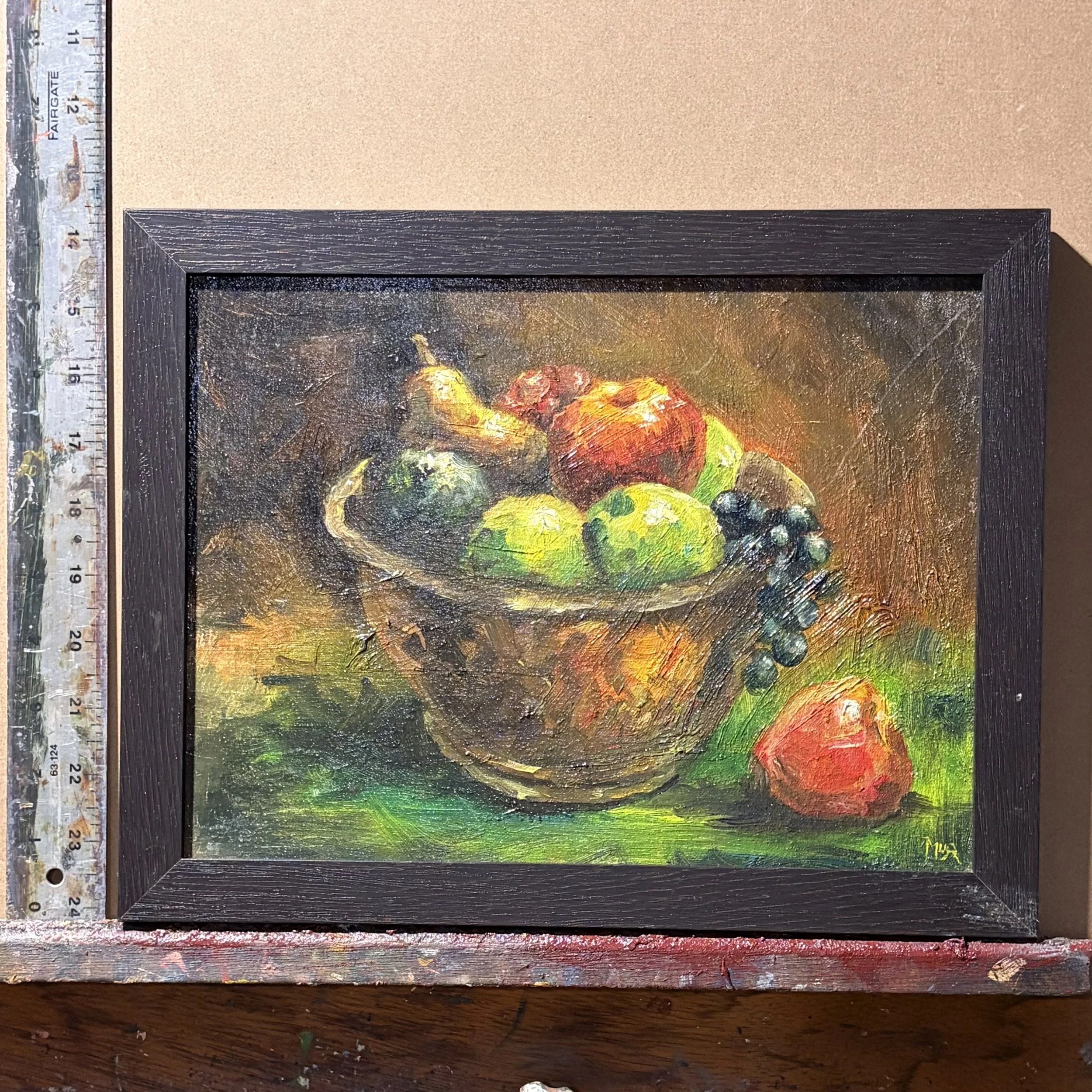 Still Life w Fruit, Dark, Original Oil Painting