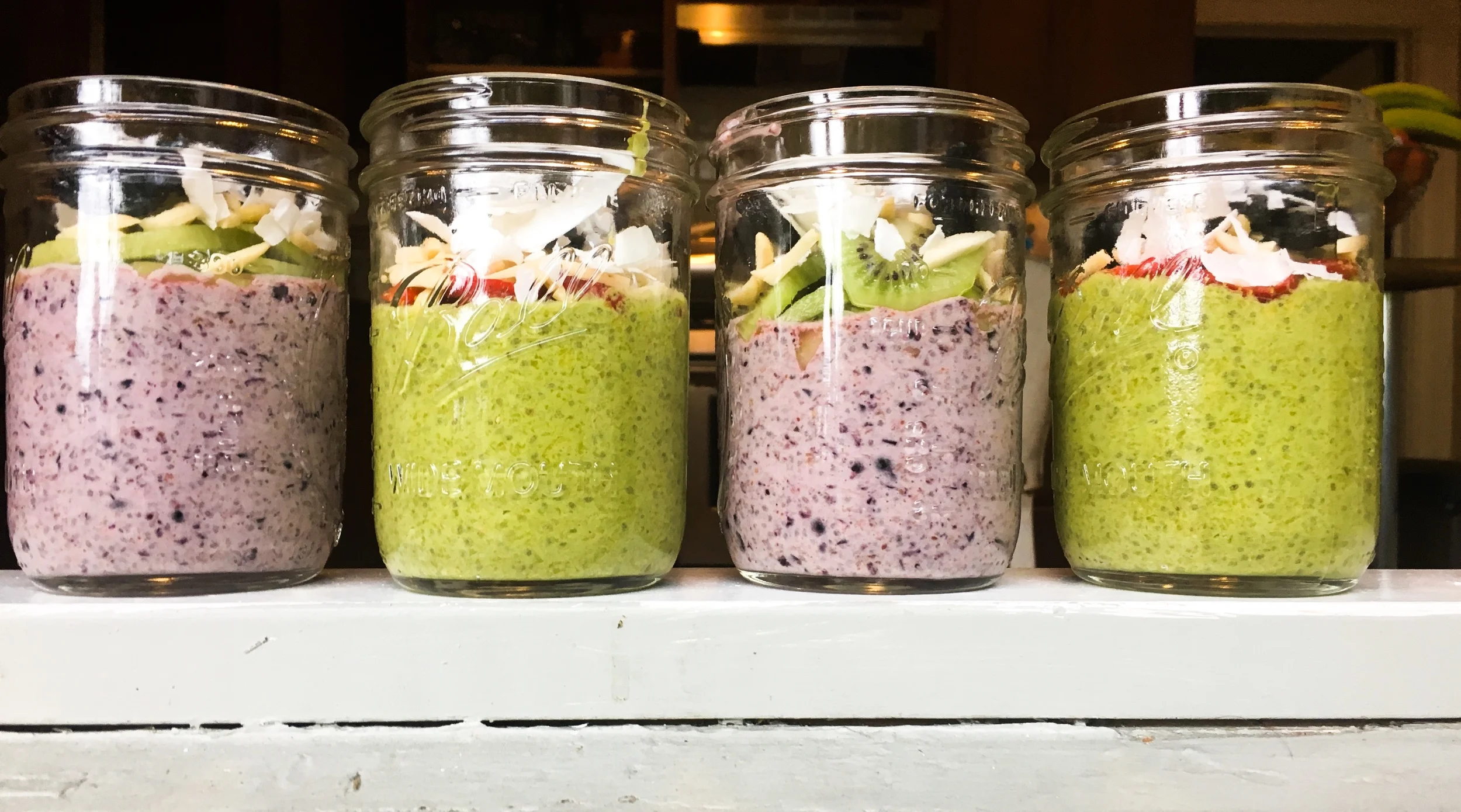 Black Cherry and Matcha Chia Pudding. Meal prep for the week. Always have two flavors on hand so you don't get bored!