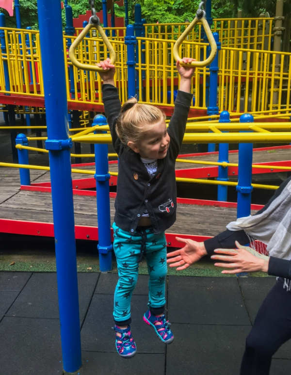 Stella is good at putting herself "out there". She is two, but will jump at the chance to try these scary things that she has never don't before. I'm a bit cautious, as you can see. 