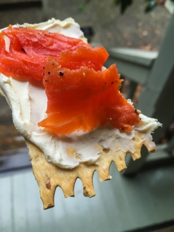 Delish! A little mascarpone and gravlax on crackers