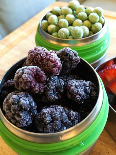 Frozen Blackberries and Peas in LunchBots Containers