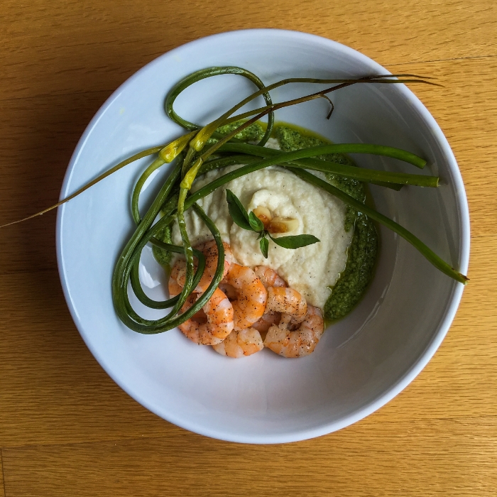Pesto Shrimp with Creamy Garlic Cauliflower and Garlic Scapes