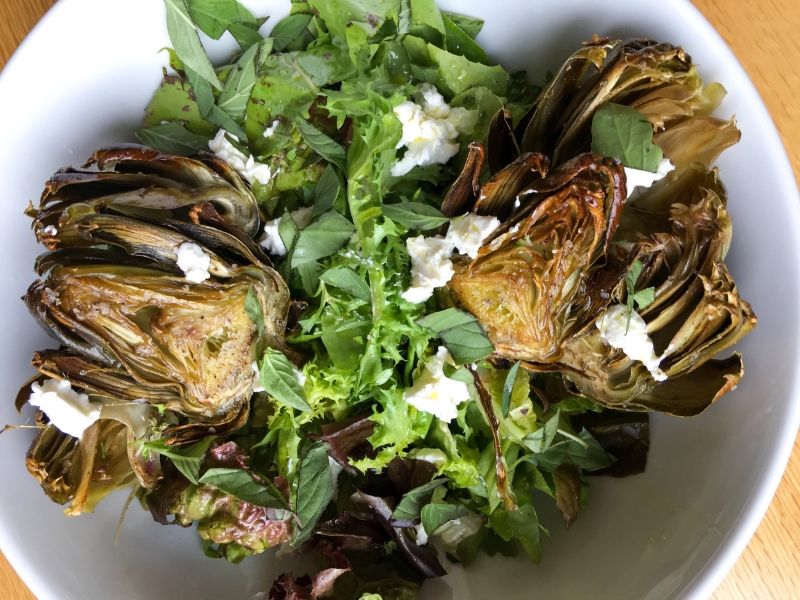 Roasted Artichoke Salad with Goat Cheese and Micro Greens