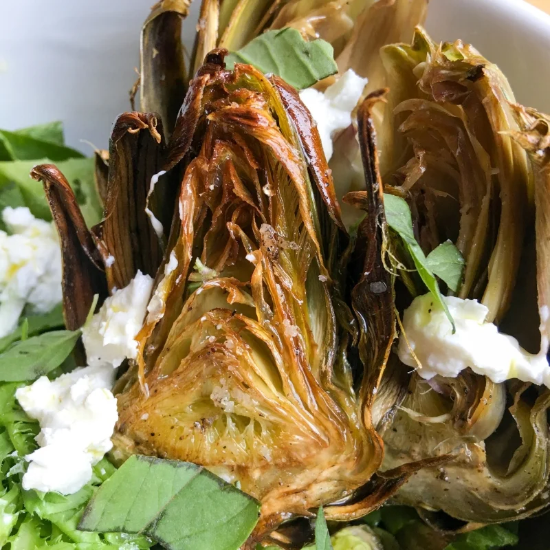 Roasted Artichoke Salad with Goat Cheese and Micro Greens