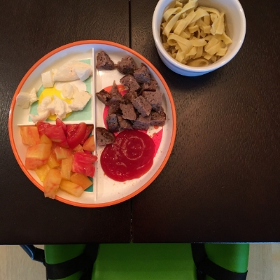 Kid's dinner is deconstructed with Paleo pasta on the side.
