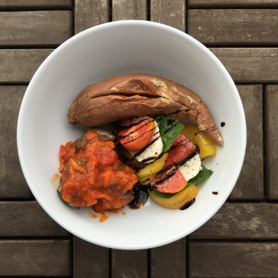 Husband's dinner has a baked sweet potato